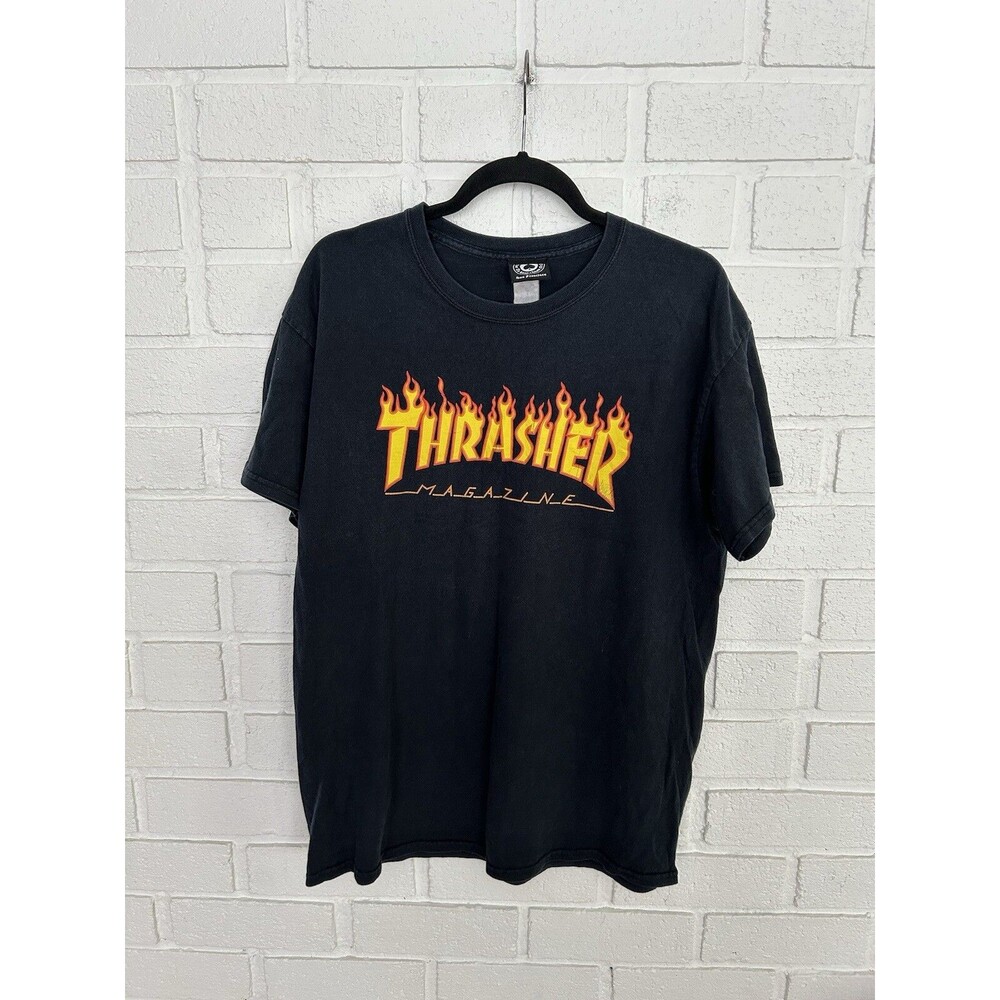 Vintage Thrasher Magazine Shirt Mens Large Black Flames Skatebording Grunge